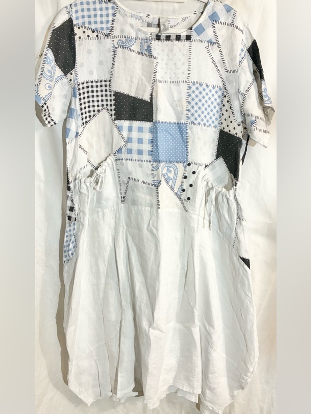 158C Lagenlook Linen Patchwork Dress Sz L Asymmetric Pouch Pocket Organic Breath